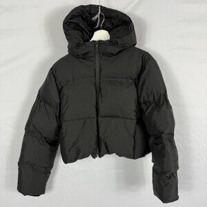 Zara Black Puffer Jacket Womens Size Small Quilted Hooded Winter Coat Zip Pocket